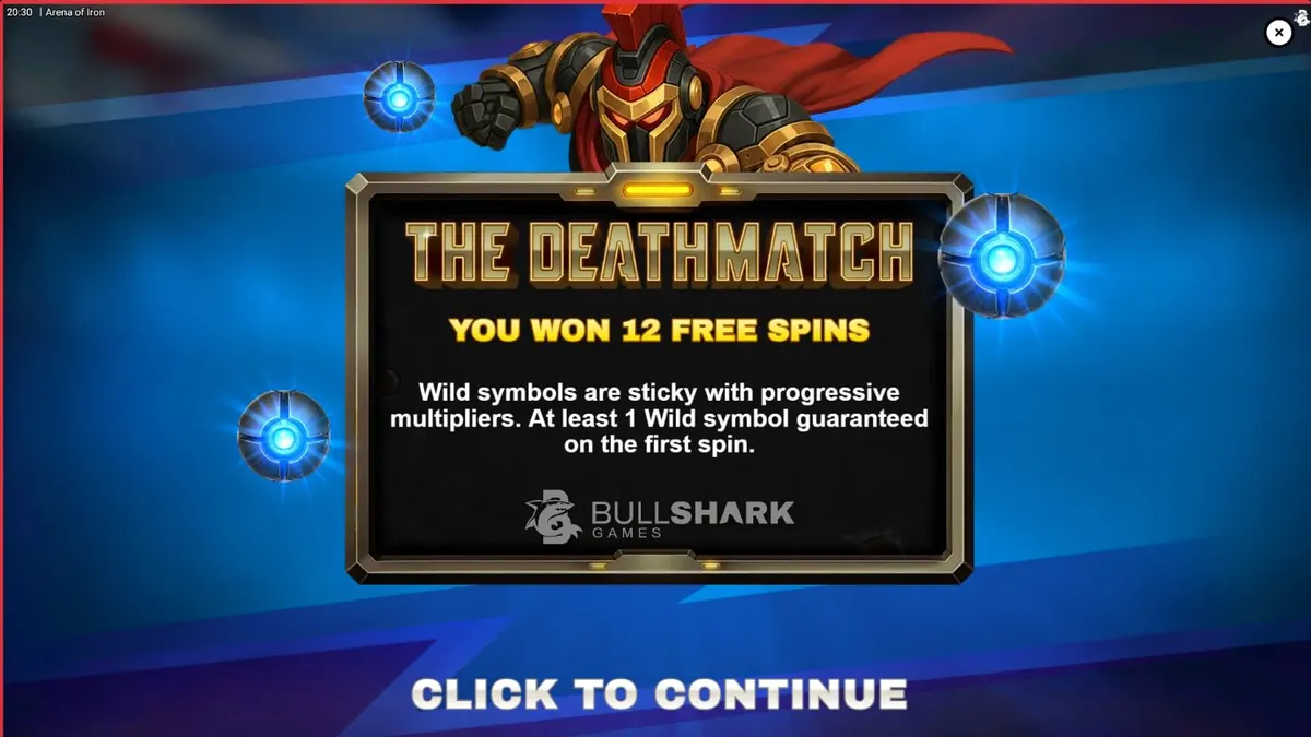 Arena of Iron slot game interface with robotic gladiator theme