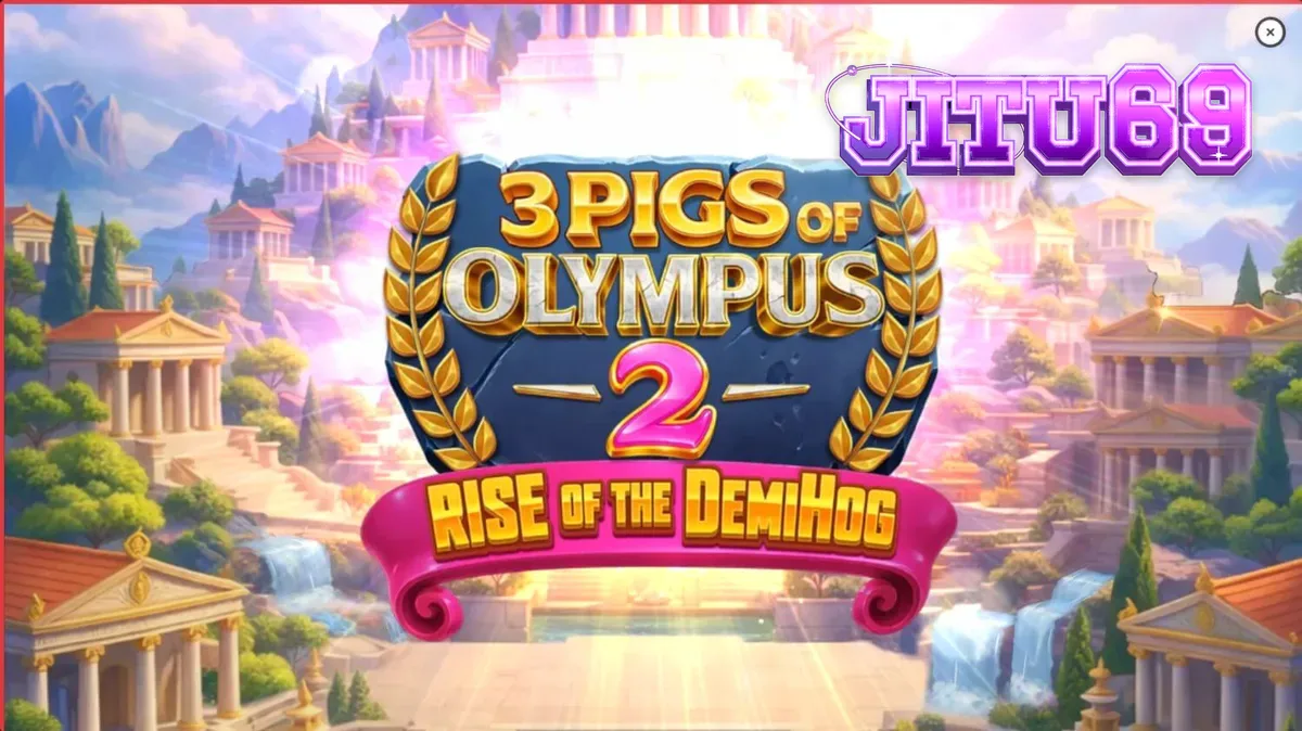 Tampilan visual slot 3 Pigs of Olympus 2 Rise of the DemiHog dengan tema mitologi Yunani